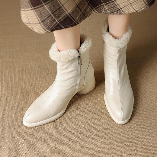 【预售5天】5cm中粗跟雪地靴女侧拉链羊毛混纺冬季新款百搭毛毛靴真皮英伦风&H967 商品图3