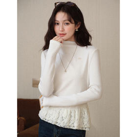 鹿向南「空花蝶映」半高领长袖针织t恤女秋冬修身拼接蕾丝打底杉
