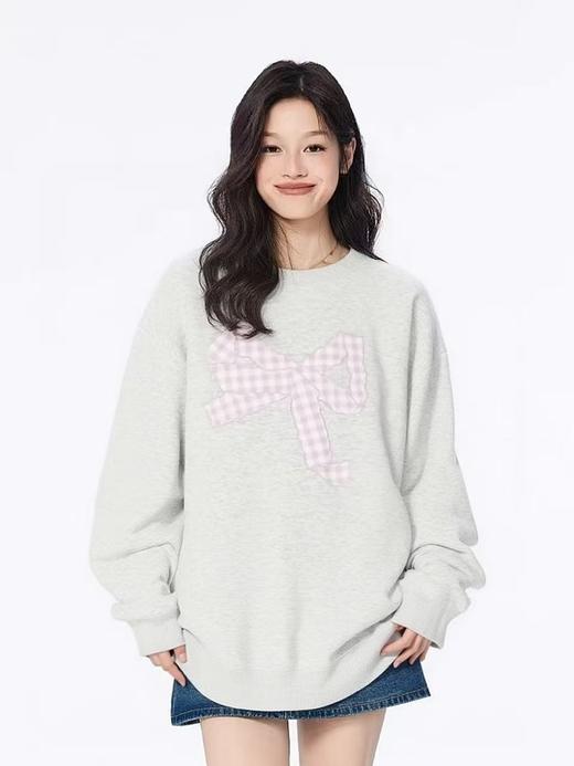 🔥🔥【潮牌卫衣】圆领牛奶绒～格子粉蝴蝶结宽松加绒卫衣-喜出 商品图1