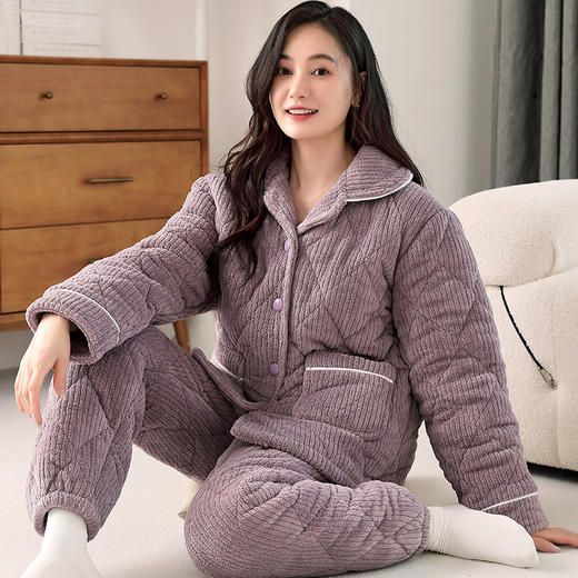 丁摩 【暖绒绒】珊瑚绒睡衣女秋冬季可外穿加绒加厚保暖三层夹棉家5ZF-LM002 商品图0