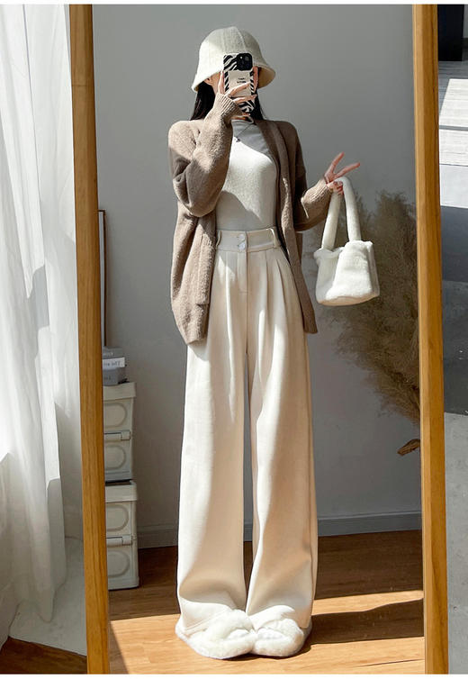 升级款欧棉绒阔腿裤雪尼尔休闲阔腿裤女秋冬季加绒加厚2025新款直筒西装小个子灯芯绒裤子个子加长休闲裤 商品图10