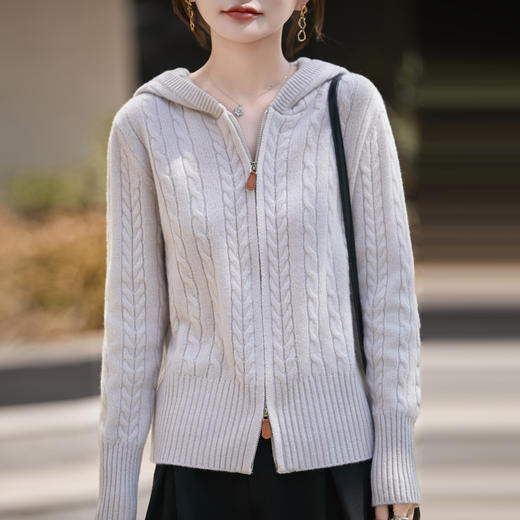丁摩 老钱风连帽双拉链100%纯羊毛针织开衫JJ-156 商品图3