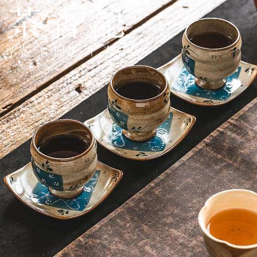 茶香记粗陶堆绘蓝布花拼·方形杯垫茶托茶道配件陶瓷手绘茶具 商品图3