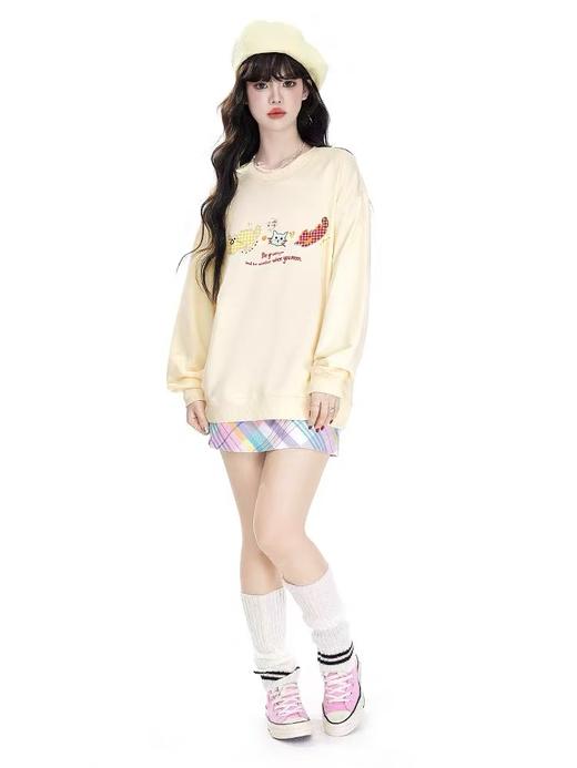 🔥🔥【潮牌卫衣】圆领牛奶绒～日系格子猫咪印花加绒牛奶绒卫衣-喜出 商品图0