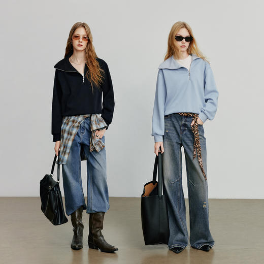 初语 2025新款卫衣女 不对称拉链大翻领长袖时髦拼接设计感潮酷上衣 商品图4