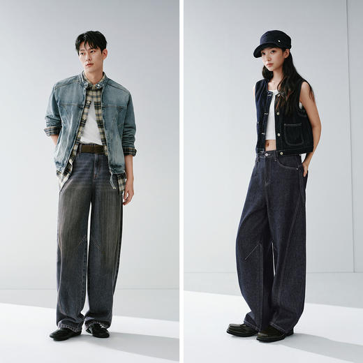森马牛仔裤男做旧水洗阔感弯刀裤宽松弧形裤2026春新款复古风长裤 商品图4