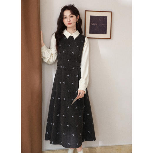 鹿向南「雾灰蝶语」灰色假两件拼接设计感连衣裙女秋冬气质长裙子 商品图0