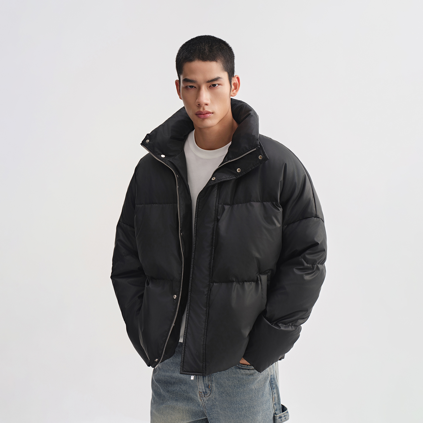 CHINISM赤尘 白鸭绒立领宽松短款羽绒服男冬季男士轻薄黑色外套