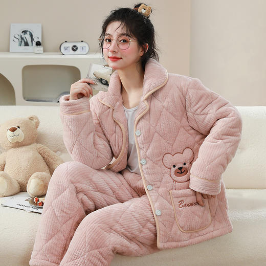 丁摩 【暖绒绒】珊瑚绒睡衣女秋冬季可外穿加绒加厚保暖三层夹棉家5ZF-LM002 商品图2