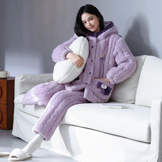 雀说 【超厚加绒】三层夹棉珊瑚绒休闲连帽家居服套装 商品图3