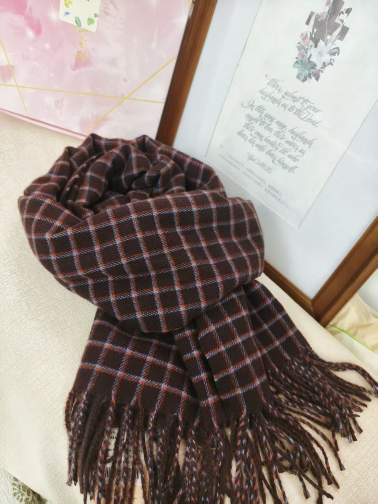 MH竹纤维女士时尚小格子流苏围巾67108