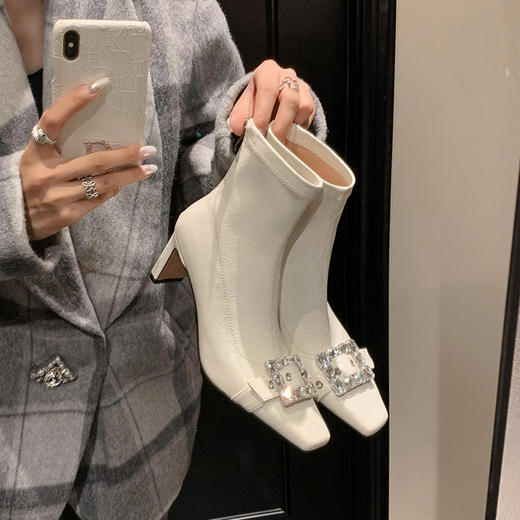 2025秋冬法式方头水钻方扣粗跟短靴女小个子高跟弹力瘦瘦靴马丁靴 商品图0