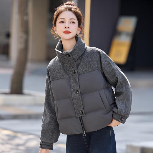 休闲时尚立领羽绒服，爆款毛呢拼接高端洋气外套HR-ZYF8896 商品图0