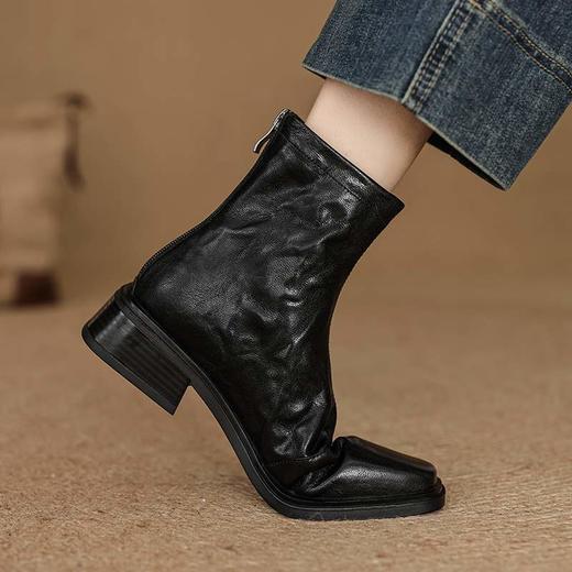 【预售5天】巨好搭~英伦风方头粗跟短靴手抓纹羊皮单靴中跟靴子&087-2 商品图2