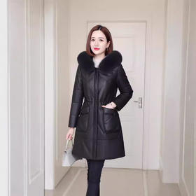 丁摩 海宁真皮皮衣女连帽中长款真皮羽绒服绵羊皮皮草外套z2402
