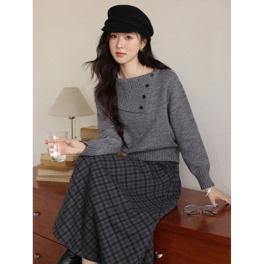 鹿向南「旧意柔褶」复古慵懒风格纹半身裙女2025秋冬中长款A字裙 商品图4