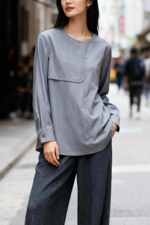 极简设计羊毛梭织圆领衬衫 商品图3