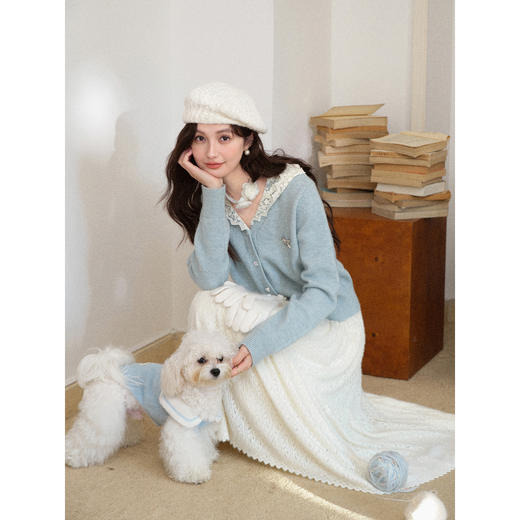 鹿向南「半糖云朵」法式蓝色蕾丝连帽针织开衫女秋冬短款毛衣上衣 商品图3