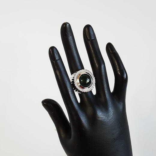 【天然正品】AU750收藏级白金镶钻镶天然细腻老坑油青冰种蛋面翡翠宽版戒指141125AH39 商品图8