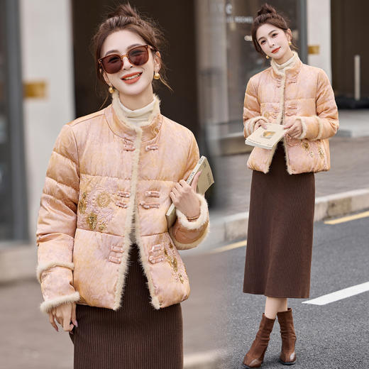 新中式重工刺绣，拼水貂毛羽绒服保暖外套HR-BBL5211 商品图3