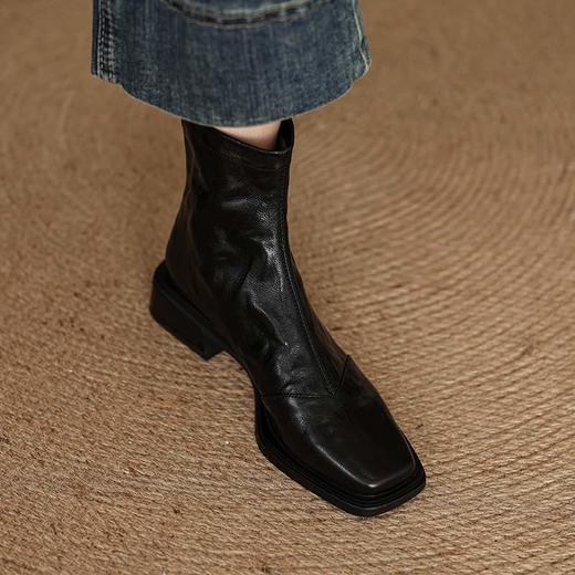 【预售5天】巨好搭~英伦风方头粗跟短靴手抓纹羊皮单靴中跟靴子&087-2 商品图1