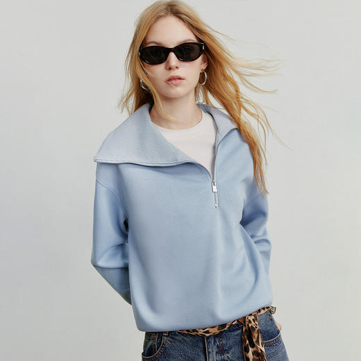 初语 2025新款卫衣女 不对称拉链大翻领长袖时髦拼接设计感潮酷上衣 商品图1