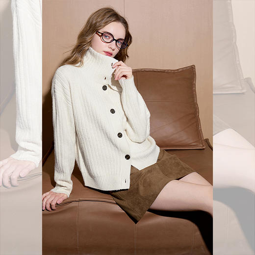 西遇白色毛衣外套女冬季新款设计感文艺休闲立领针织开衫SS051900 商品图4