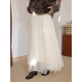 鹿向南「温光凝雾」温柔风白色半身裙女秋冬高腰垂感A字网纱长裙