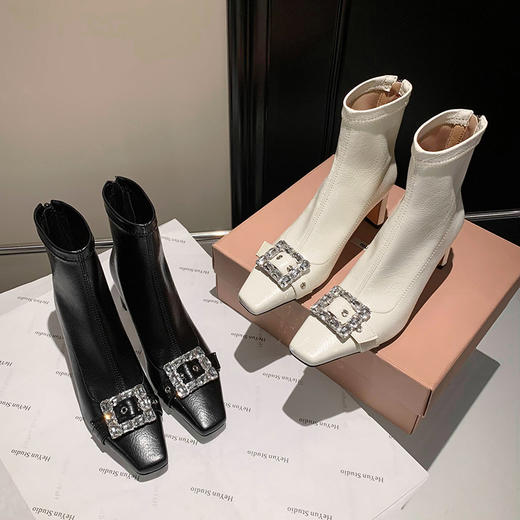 2025秋冬法式方头水钻方扣粗跟短靴女小个子高跟弹力瘦瘦靴马丁靴 商品图3