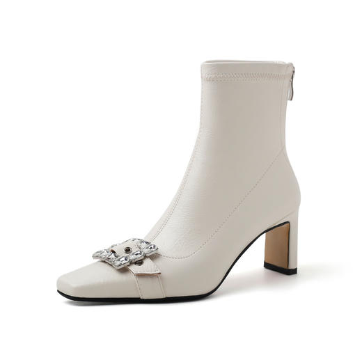 2025秋冬法式方头水钻方扣粗跟短靴女小个子高跟弹力瘦瘦靴马丁靴 商品图4