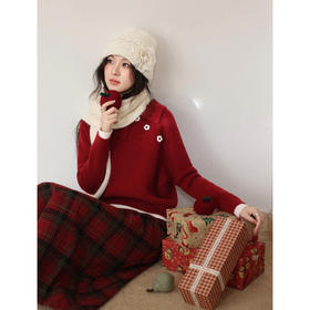 鹿向南「心动降临」酒红色针织毛衣上衣女秋冬格纹高腰半身裙套装