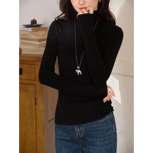 鹿向南「京都墨章」黑色打底衫长袖T恤女秋新款纯色简约修身上衣 商品图3