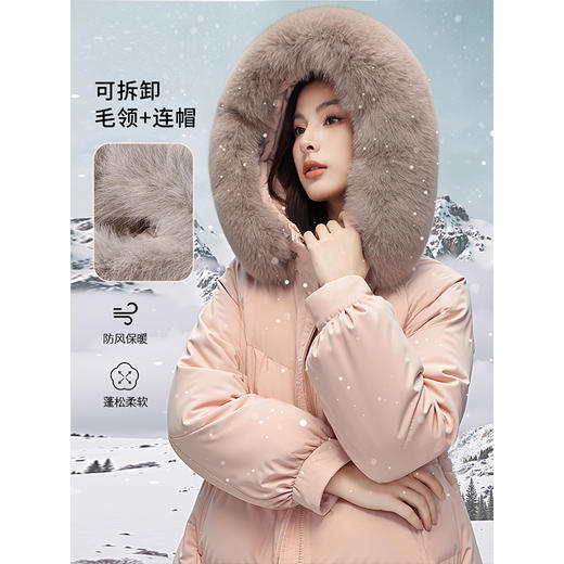 【年终特卖】熙世界大毛领连帽羽绒服女中长款2025冬季新款粉色外套鸭绒大衣 商品图3