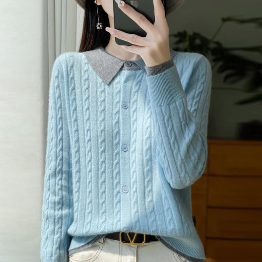 丁摩 100%纯羊毛秋冬新款女POLO领小麻花短款拼色针织开衫打底外套上衣5ZF-309 商品图2