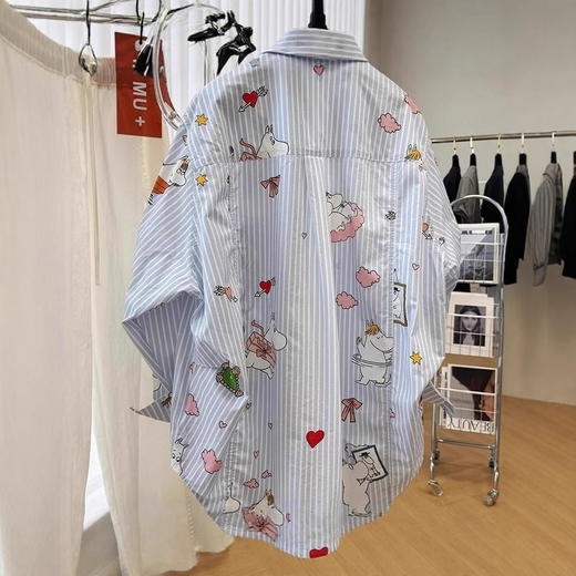 丁摩 春秋卡通印花韩系减龄宽松慵懒风条纹长袖衬衫女春季出游防晒上衣5ZF-3297 商品图2