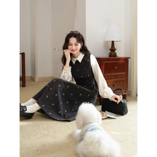 鹿向南「雾灰蝶语」灰色假两件拼接设计感连衣裙女秋冬气质长裙子 商品图4