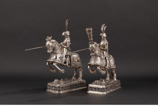 独角鹿西洋古董1927年英国伦敦出品纯银精雕「长矛骑士」主题雕像摆件一对 商品图0