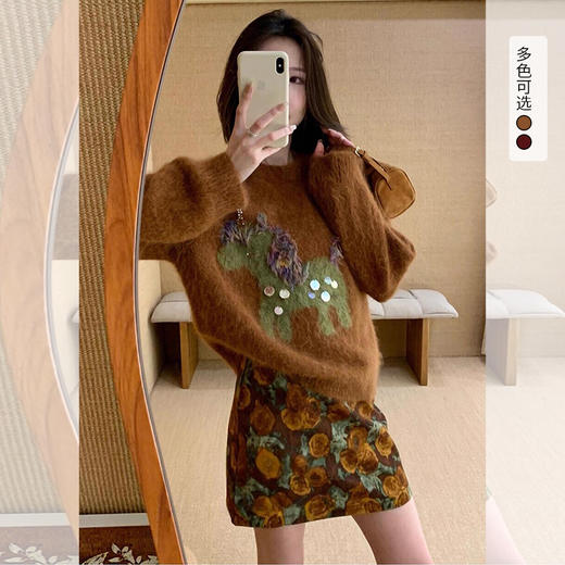 西遇氛围感穿搭女冬季新款亮片流苏小马图案内搭套头毛衣SS051901 商品图0