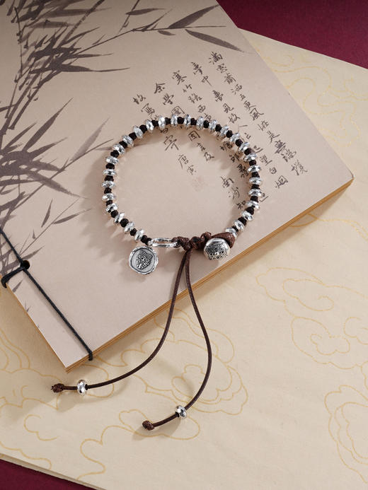 子佩集S925银【吉运连连】手链【SL-135】纯银仿古黑绳2412 商品图0
