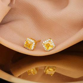 丁摩 s925纯银小方糖耳钉女黄水晶钻设计感耳环镀18k金5ZF-1358