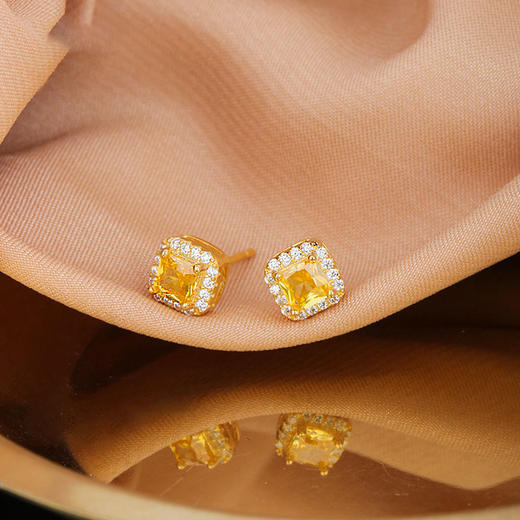 丁摩 s925纯银小方糖耳钉女黄水晶钻设计感耳环镀18k金5ZF-1358 商品图0