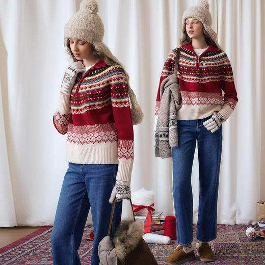 圣诞红色穿搭费尔岛提花纯羊毛针织衫女冬季新款半拉链套头毛衣 商品图2