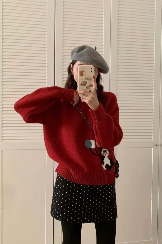 LNNNS 新年红趣味熊猫图案休闲羊毛毛衣 21882 商品图7