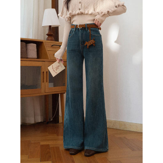 鹿向南「蓝调匠致」蓝色微喇牛仔裤女秋冬装新款高腰显瘦长款裤子 商品图3