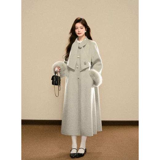 鹿向南「100%羊毛」杏色毛呢外套女冬高级感加厚双面呢子长款大衣 商品图1