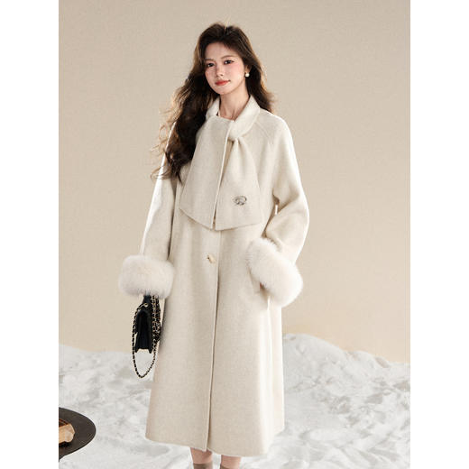 鹿向南「100%羊毛」杏色毛呢外套女冬高级感加厚双面呢子长款大衣 商品图3