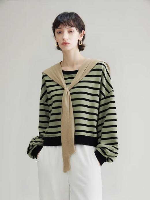 【卫衣系列】赠送披肩～条纹宽松短款卫衣-喜出 商品图0