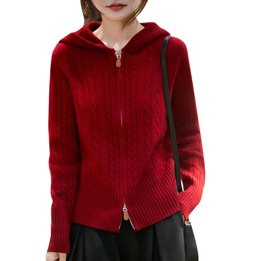 丁摩 老钱风连帽双拉链100%纯羊毛针织开衫JJ-156 商品图4