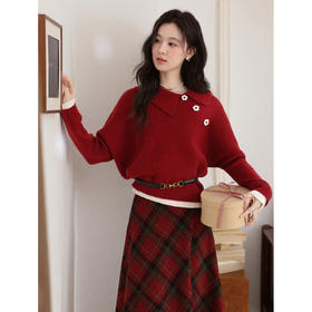 鹿向南「心动降临」冬季气质上衣女设计感时尚不规则斜领红色毛衣