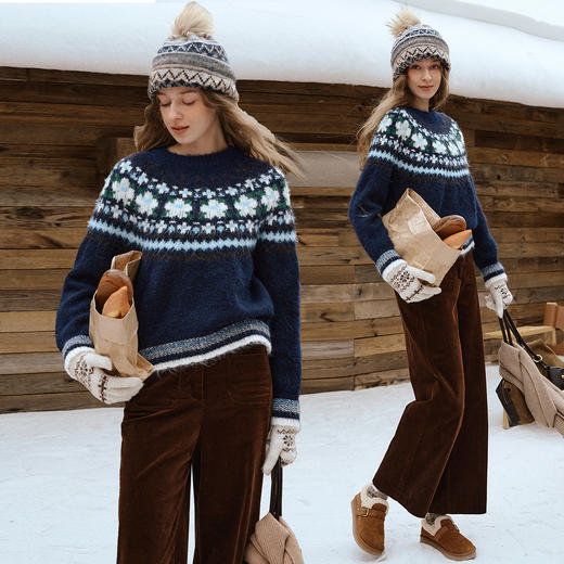 费尔岛藏青色提花圆领羊毛针织衫女2025冬季新款休闲减龄套头毛衣 商品图2